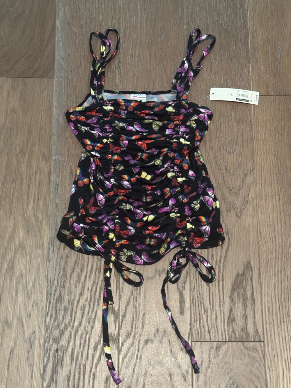No Boundaries Double Ruched Tank Top with Colorful Butterfly Print NWT